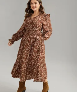 Ditsy Floral Flutter Trim Pocket Shirred Dress -Clothing Shop 514957172 hf