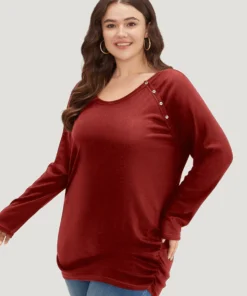 Plain Gathered Button Detail T-shirt -Clothing Shop 515120802 di