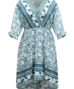 Floral Print Pocket Surplice Neck Ruffle Trim Dress -Clothing Shop 515378514 tv