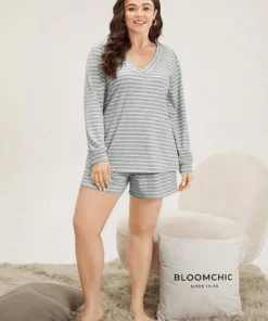 Striped Print V Neck Sleep Top 14 Striped Print V Neck Sleep Top -Clothing Shop 516003324 cx