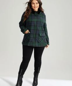 Plaid Button Fly Hooded Fuzzy Trim Coat -Clothing Shop 516208203 yx