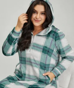 Plaid Contrast Half Zip Hooded Sleep Dress -Clothing Shop 516305795 tg