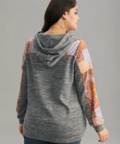 Boho Print Contrast Heather Hooded Sweatshirt -Clothing Shop 516640570 zh