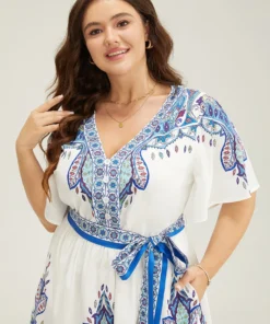 Bandana Button Detail Pocket Belt Knee Dress -Clothing Shop 517833138 yg