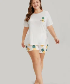 Pineapple Print Round Neck Sleep Top -Clothing Shop 518224487 xh