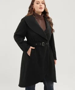 Solid Lapel Collar Pocket Belted Open Front Coat -Clothing Shop 51841466 dq