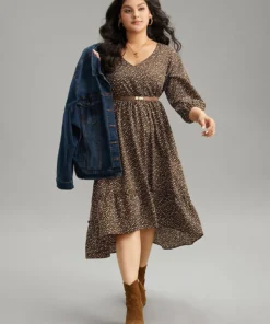 Leopard Lantern Sleeve Ruffles Frill Trim Dress