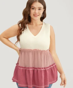 Colorblock Contrast Frill Trim Ruffle Tiered Waffle Knit Tank Top -Clothing Shop 520265925 vf