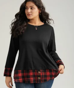 Plaid Patchwork Button Detail Curved Hem Sweatshirt -Clothing Shop 520410844 ql