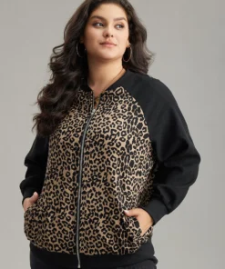 Leopard Print Pocket Zipper Bomber Jacket -Clothing Shop 52041252 di