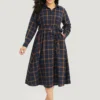 Plaid Shirt Collar Button Fly Belted Dress -Clothing Shop 520906343 gd