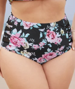 Floral Crisscross Detail Mesh Insert Swim Bottom -Clothing Shop 520946023 di