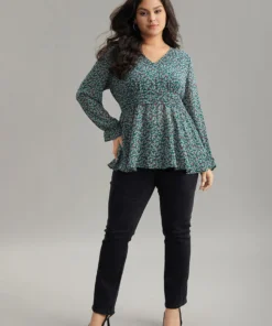 Chiffon Ditsy Floral Elastic Waist Ruffle Hem Blouse -Clothing Shop 521072595 wz