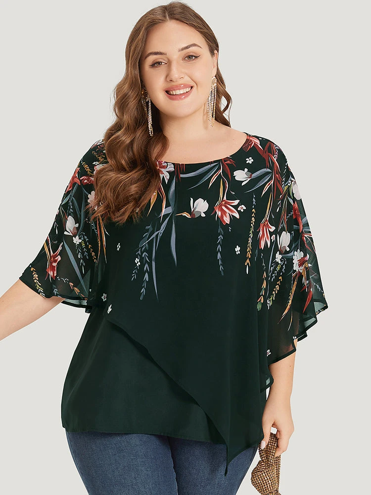 Floral Print Crochet Mesh Asymmetrical Batwing Sleeve Blouse 17 Floral Print Crochet Mesh Asymmetrical Batwing Sleeve Blouse - Image 15