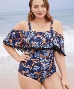 Floral Pompom Trim Cold Shoulder One Piece Swimsuit -Clothing Shop 521747634 em