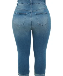 Very Stretchy High Rise Medium Wash Roll Hem Cropped Jeans -Clothing Shop 521806717 vo