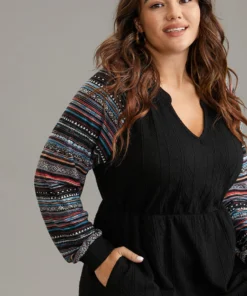 Bandana Patchwork Elastic Waist Notched Dress -Clothing Shop 522909773 ke