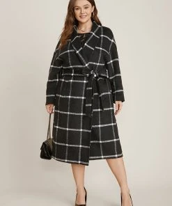 Plaid Lapel Collar Pocket Belted Open Front Coat -Clothing Shop 523447076 ks
