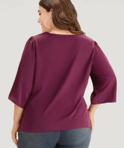 Solid Cowl Neck Tab Sleeve Blouse -Clothing Shop 524373228 tz