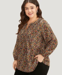 Ditsy Floral Notched Frill Trim Blouse -Clothing Shop 524385972 sg