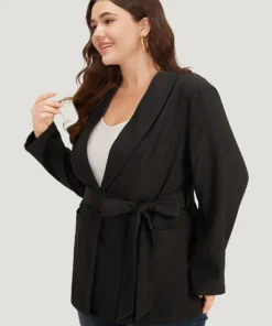 Plain Ties Pocket Belted Lapel Collar Blazer -Clothing Shop 524412630 tm