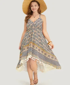 Bandana Pocket High Low Hem Wrap Tassels Trim Cami Dress