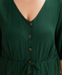 Plain Textured V Neck Pocket Button Through Drawstring Jumpsuit -Clothing Shop 524687691 dq