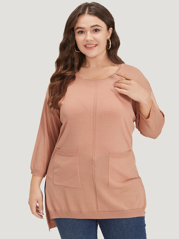 Solid Patched Pocket Split Side High Low Hem Pullover 5 Solid Patched Pocket Split Side High Low Hem Pullover - Image 3