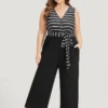 Striped Patchwork Pocket Wrap Belted Sleeveless Jumpsuit -Clothing Shop 525160962 au