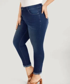 Very Stretchy Pocket Dark Wash Roll Hem Jeans -Clothing Shop 52568055 tl