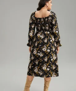 Floral Print Notched Frill Trim Gathered Shirred Dress 11 Floral Print Notched Frill Trim Gathered Shirred Dress -Clothing Shop 525839893 nk