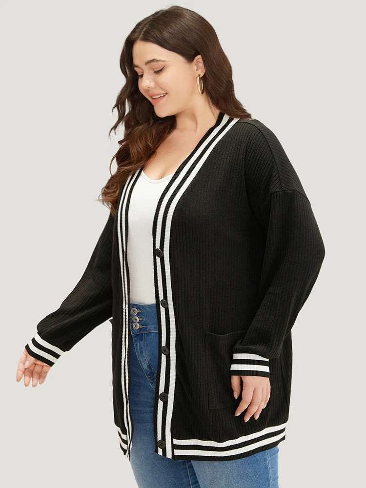 Halloween Patchwork Striped Pocket Button Up Rib Knit Coat 6 Halloween Patchwork Striped Pocket Button Up Rib Knit Coat - Image 4