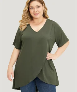 Plain V Neck Wrap High Low Hem T-shirt -Clothing Shop 526021808 jr 5cf22e56 989e 46e7 8e5b d252f0605601