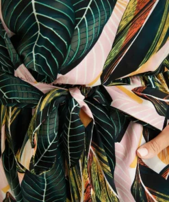 Tropical Print Belt Ruched Sleeve Surplice Neck Jumpsuit -Clothing Shop 526172131 wk