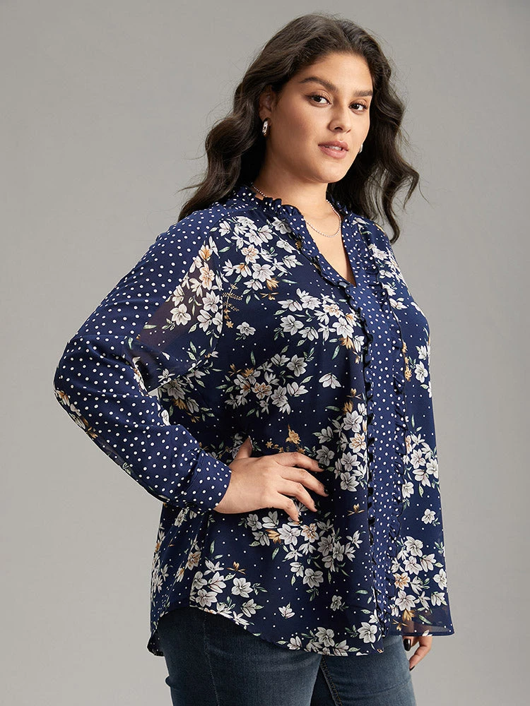 Chiffon Floral Polka Dot Patchwork Frill Trim Mesh Blouse 5 Chiffon Floral Polka Dot Patchwork Frill Trim Mesh Blouse - Image 3