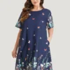 Butterfly & Floral Round Neck Print Pocket Knee Dress -Clothing Shop 527024735 qg