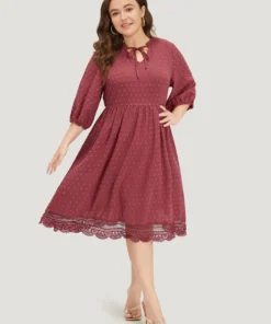 Plain Pocket Lantern Sleeve Knot Neck Lace Panel Dress -Clothing Shop 52709158 sb