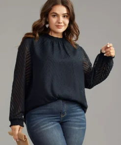 Plain Patchwork Mesh Shirred Frill Trim Blouse -Clothing Shop 527626658 zz