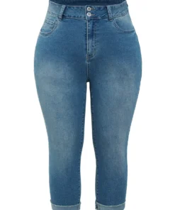 Very Stretchy High Rise Medium Wash Roll Hem Cropped Jeans -Clothing Shop 527649575 hj