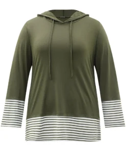 Striped Patchwork Hooded Drawstring T-shirt -Clothing Shop 527856466 fg