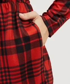 Plaid Round Neck Pocket Elastic Waist Sleep Romper -Clothing Shop 528159680 ul