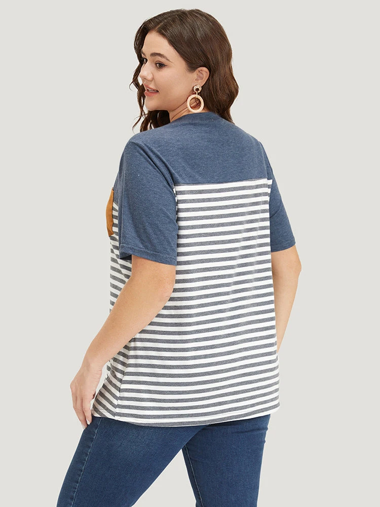 Striped Patchwork Round Neck Patched Pocket T-shirt 4 Striped Patchwork Round Neck Patched Pocket T-shirt - Image 2