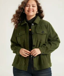 Plain Pocket Button Up Shacket -Clothing Shop 528963373 sc