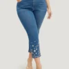 Very Stretchy High Rise Medium Wash Embroidered Hem Jeans