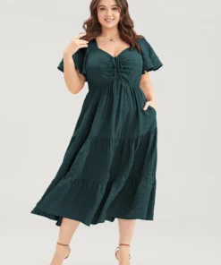 Plain Ruched Drawstring Pocket Ruffle Tiered Dress -Clothing Shop 53