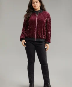 Sequin Zipper Patchwork Contrast Bomber Jacket -Clothing Shop 530084707 po