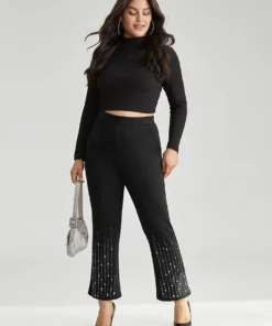 Rhinestone Elastic Waist Bootcut Pants -Clothing Shop 530216020 wr