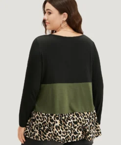 Colorblock Leopard Contrast Round Neck T-shirt -Clothing Shop 530646594 ky