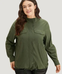 Plain Drawstring Hem Zipper Fly Flap Pocket Jacket -Clothing Shop 530768512 jx