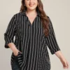 Striped Contrast V Neck Asymmetrical Hem Blouse -Clothing Shop 530794617 iu